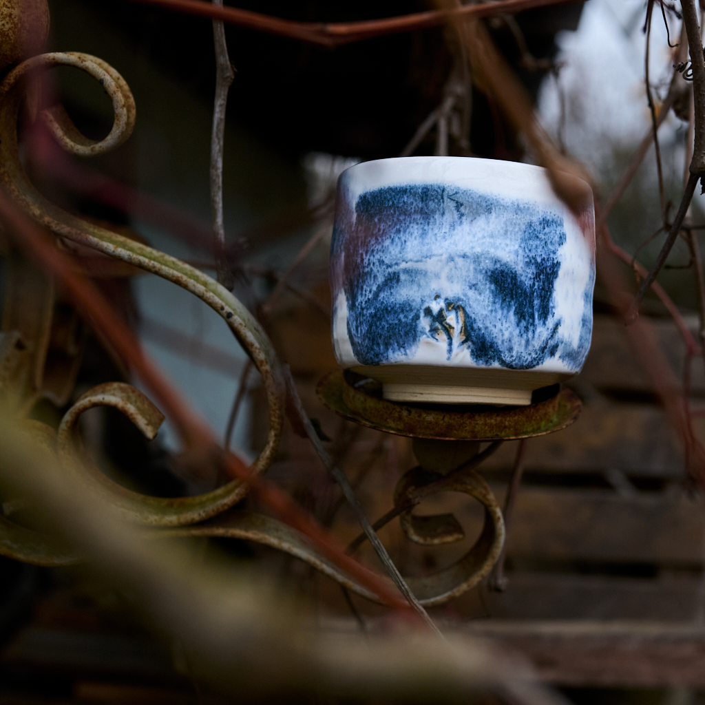 Cobalt-white ceramic bowl, approx. 350 ml, wheel-throw
